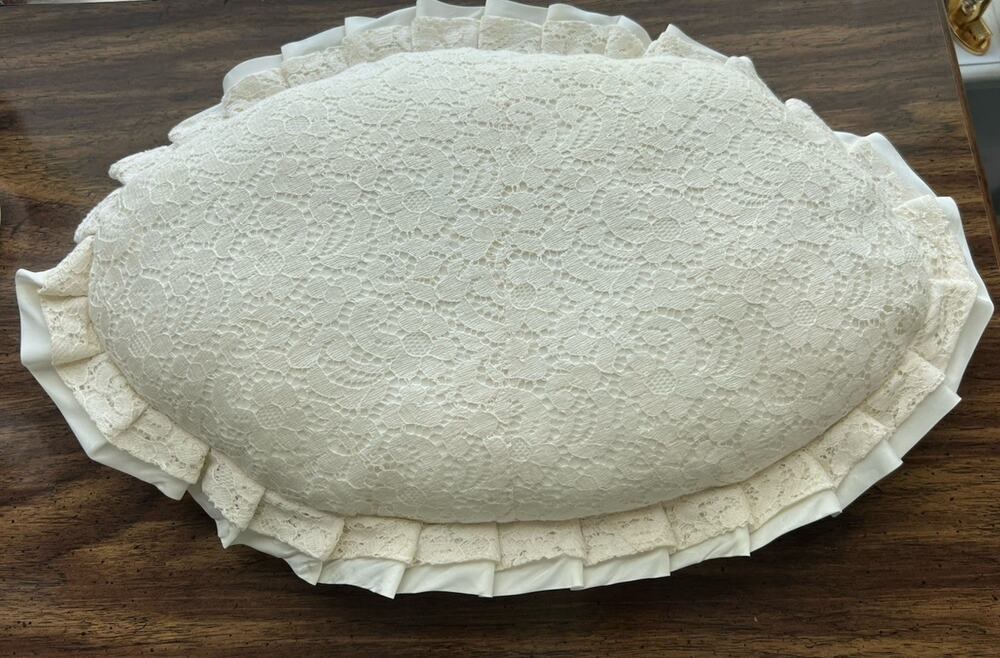 Vintage Satin & Lace Ruffles Oval Ivory Throw Pillow 20x13 Romantic Boudoir